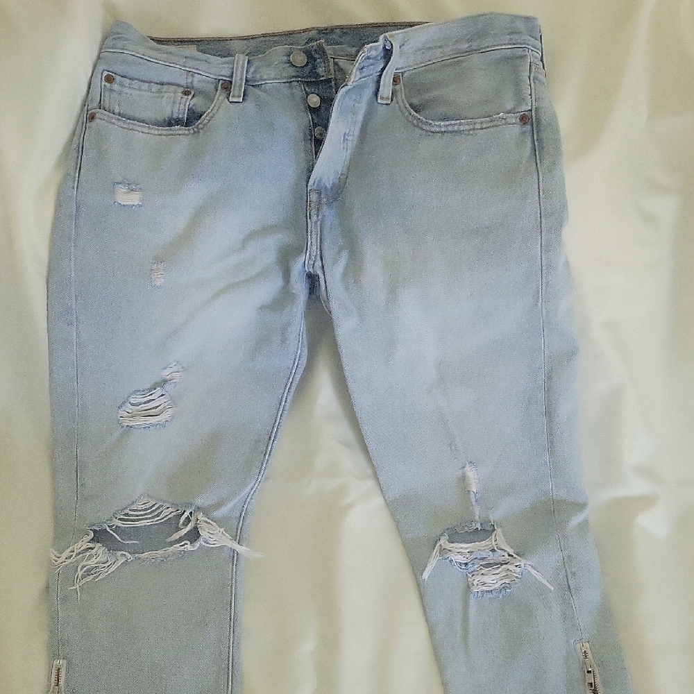 Levi's Distressed 501 T Water Less Light Blue Boyfriend Jeans